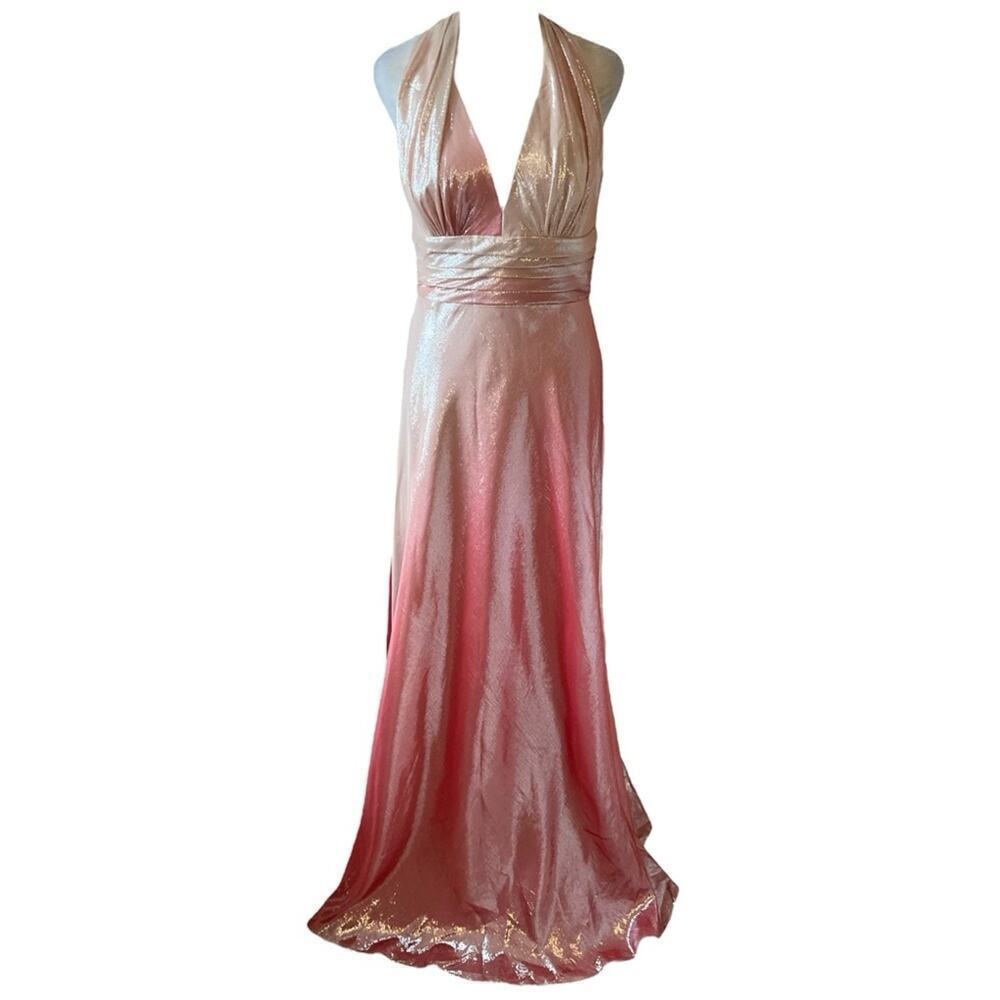 NWT David Meister Metallic Pink Ombré Halter Neck Gown Size 8